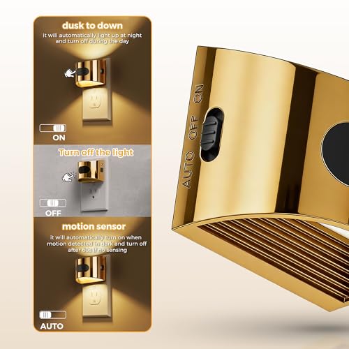Image of L LOHAS LED Motion Sensor Night Light, Dusk to Dawn & Motion Activated LED Night Light, Night Lights Plug into Wall with Adjustable Brightness, 3000K Soft White, Gold, 2 Pack
