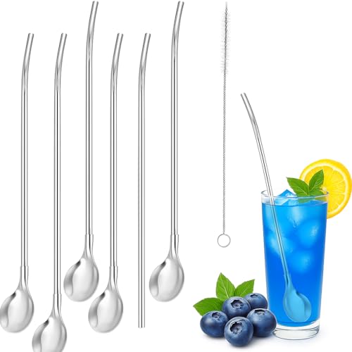 LeGeYo Cuillères-paille inox 6 pièces + brosse 2-en-1 paille & cuillère Acier inox 304 Passe au lave-vaisselle env. 21 cm