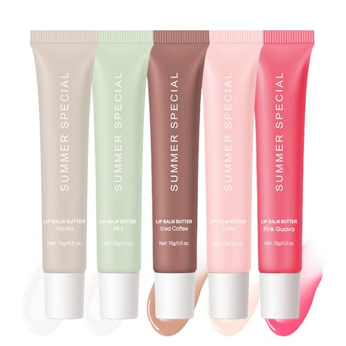 5Pcs Summer Lip Glossy Butter Balm Set, Instant Moisture Sheer Tint, Non-Sticky, Conditioning Formula to Soothe & Repair Dry, Chapped Lips, Jelly Lip Stain with Natural Scent (1+2+3+4+5, 5Pcs)