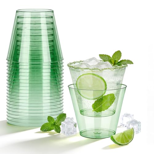 N9R 9 oz Clear Plastic Cups Green 50 Pack Disposable Plastic Cups Tumblers Fancy Cocktail Margaret Cup for Parties Weddings Events and Gatherings