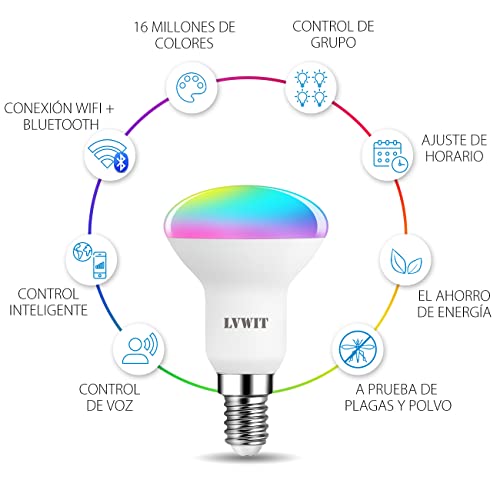 LVWIT Bombillas LED E14 Inteligentes, Compatible con Alexa, Google Home Assistant y Smart Life/Tuya App, Bombilla Wi-Fi R50 4.9W 470 Lm, equivalente a 40W - 4 Unidades. - imagen 2