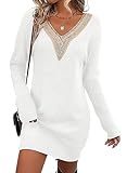 Sidefeel Women's Pullover Sweater Dresses Lace Trim V Neck Long Sleeve Knit Dress Medium White