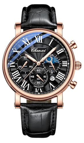 FANMIS Men's Classic Multifunctional Military Sports Analog Watch Business Dress Waterproof Luminous Chronograph Starry Sky Moon Phase Leather Wristwatch (X Black Rose)