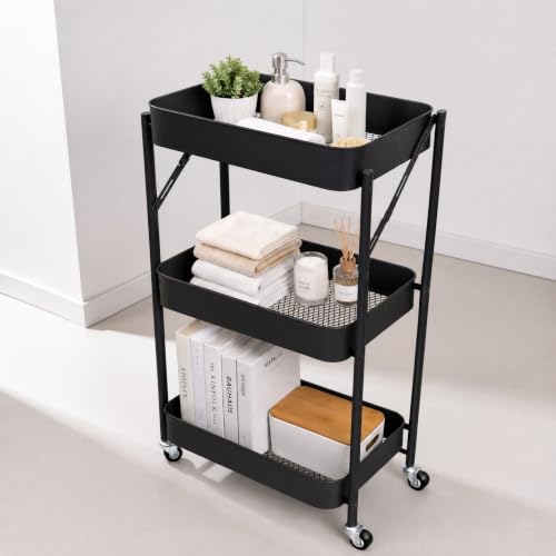 Image of Bonkaso 3 Tier Foldable Utility Cart with Wheels | Heavy-Duty Metal Storage Trolley for Kitchen, Bathroom & Office | Rolling Organizer Rack with 360 Swivel Wheels | 41x30x77 cm (Black)