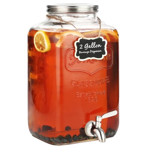 2 Gallon Glass Beverage Dispenser, Stainless Steel Leakproof Spigot and Lid, Glass Drink Dispensers for Parties, Water Beverage Dispenser Liquid Laundry Detergent Dispenser