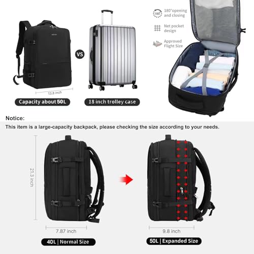 MOLNIA 50L Expandable Travel Backpack for Men Women, Carry On Backpack Airline Approved, Suitcase Backpack with Packing Cubes, Water Resistant Luggage Backpack Daypack Weekender Bag, Black2