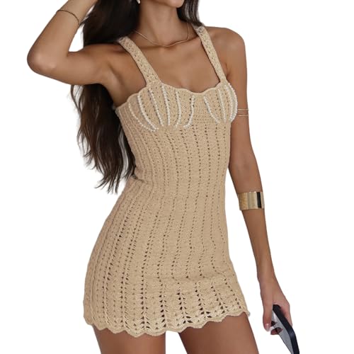 Women's Crochet Knit Mini Dress Spaghetti Straps Pearl Sheel V Neck Bikini Ruffle Hem Beach Dresses Coverups2