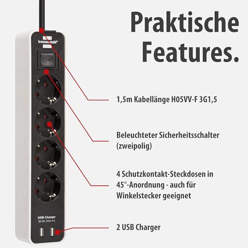 Brennenstuhl Steckdosenleiste Ecolor 4-Fach mit USB (Mehrfachstecker mit 2 USB-Ladebuchsen, Mehrfachsteckdose mit Schalter und 1,5m Kabel) weiß/schwarz