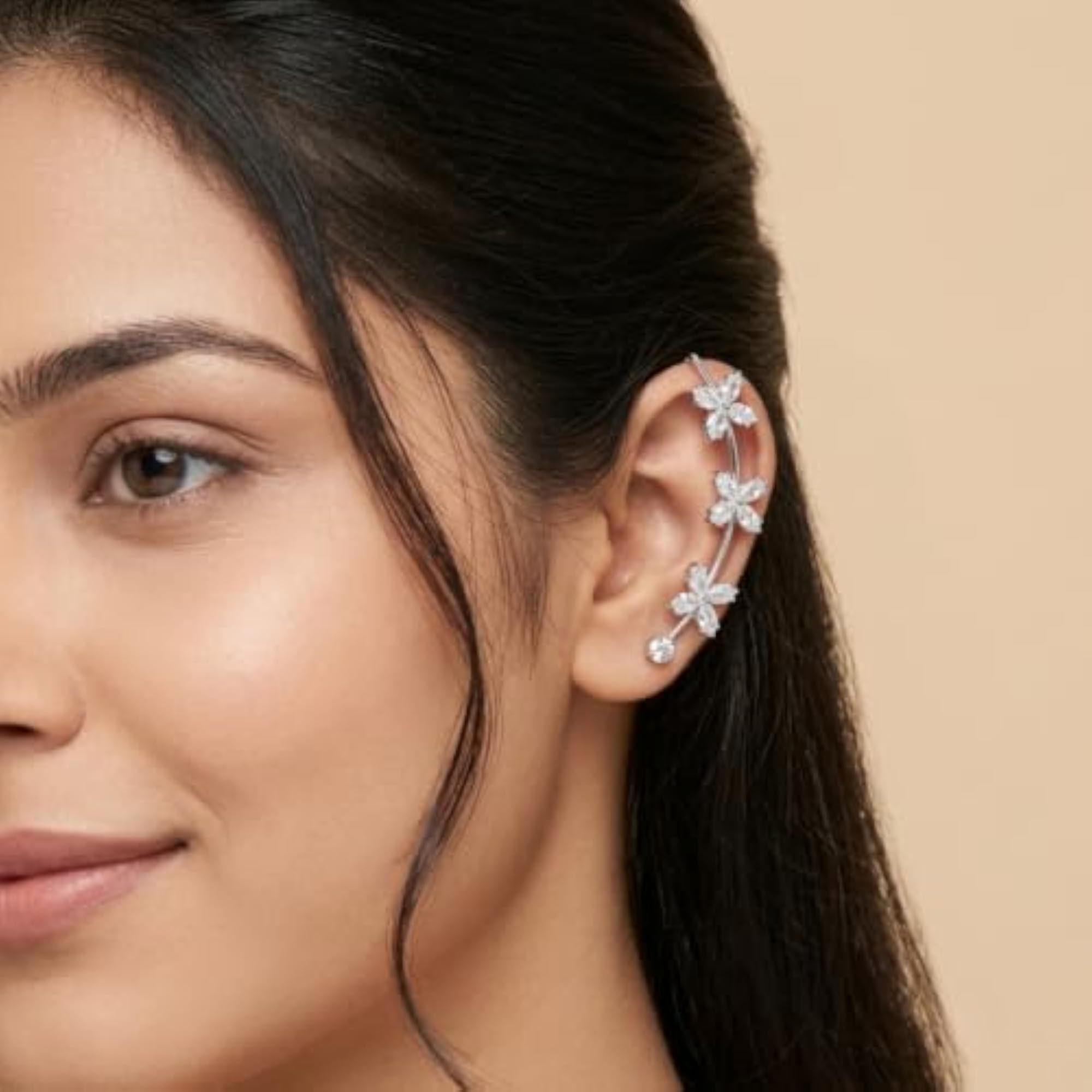 Floral Design Delicate Ear Cuffs & Silver-Plated Crystal Climbers