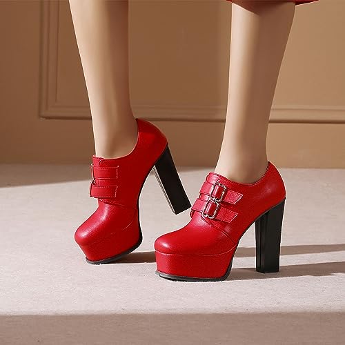 SHEMEE Women's Super High Heel Platform Pumps Block Chunky Heels Ankle Booties Buckle Pull On Dress Shoes2