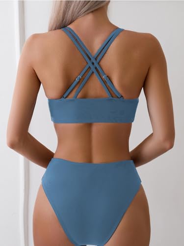 Image of Fanuerg Women's Sexy V Neck Bikini Sets Hollow Out Two Piece Swimsuits Cutout Mid Waist Bathing Suit