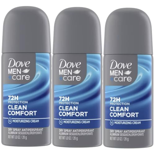 Dove Men+Care Antiperspirant Deodorant Dry Spray Clean Comfort Scent 72-Hour Sweat & Odor Protection Travel Size 1 oz (3 Pack)