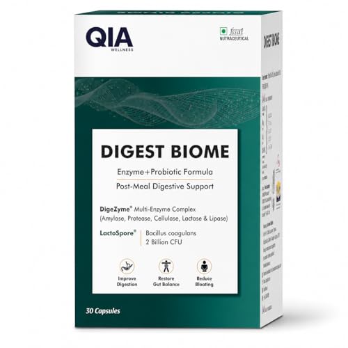 Image of QIA Digest Biome | Digestive Enzyme & Probiotic Capsules | DigeZyme 100 mg + LactoSpore 2 Billion CFU | Digestive Support for Heavy Meals, High Protein Diet & Daily Gut Health | 30 Capsules
