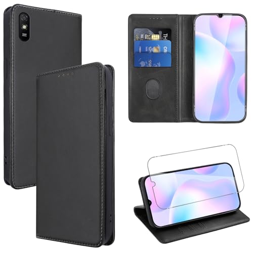 Vauki Hülle Leder für Xiaomi Redmi 9AT/Redmi 9A Handyhülle mit 1 Schutzfolie Standfunktion Kartenfach Wallet Schutzhülle Flip Case Cover Stoßfeste Klapphülle für Xiaomi Redmi 9A 6.53 Schwarz