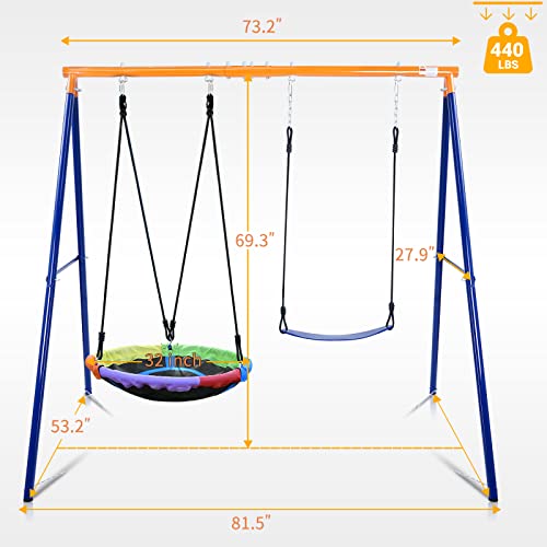 Image of Lunafun Swing Sets for Backyard, 440lbs Swing Set with Heavy-Duty A-Frame Metal Stand, 1 Saucer Swing Seat & 1 Belt Swings Seat