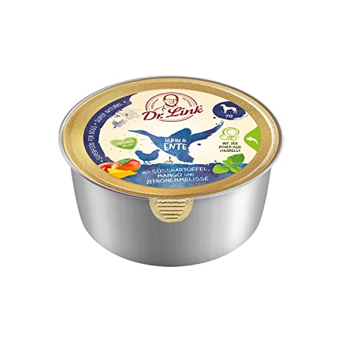 Dr. Link® SUPER Natural 10x125g Premium-Nassfutter für Hunde: Huhn und Ente mit Süßkartoffel, Mango und Zitronenmelisse | getreidefrei | Superfoods