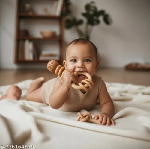 Image of Natural Wood Neem Wooden Teether Set for Babies, Ring Rattle and Grasping Toy