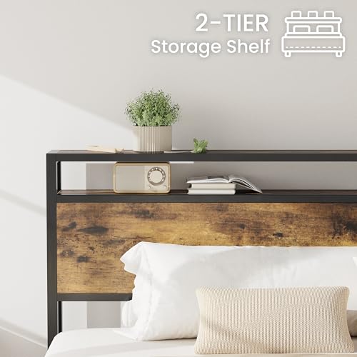 Image of LIKIMIO California King Bed Frames with 2-Tier Storage Shelf Headboard