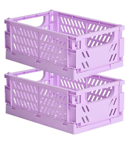 HUUSMOT 2-Pack Small Pastel Plastic Storage Baskets, Collapsible Crates for Organizing, Space-Saving Mini Bins for Classroom, Kitchen, Office, Bedroom (Purple, 9.8
