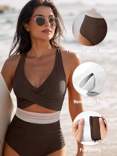 Image of B2prity Women's One Piece Swimsuit Tummy Control High Waisted Bathing Suit | Color Block,Removable Soft Cups,Cutout,V neck,Full Coverage,Adjustable Criss Cross Straps,Tie Back