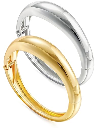 Image of Chunky Gold Bangle Bracelets for Women, Dainty 14k Gold Plated Big Stackable Bangles Set, Trendy Statement Cuff Bracelet Stack Fashion Jewelry Gifts