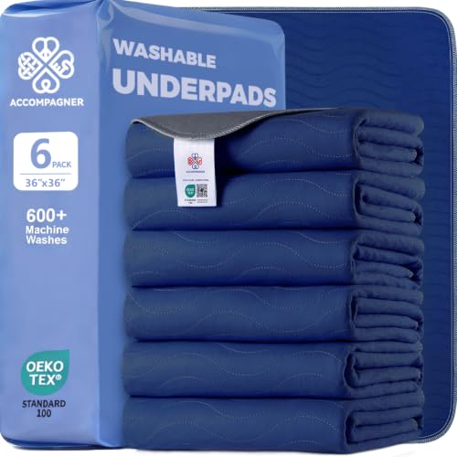 Image of Accompagner Incontinence Bed Pads Washable Waterproof, Ultra-Absorbent Reusable Underpads for Diaper Changing, Nursing, Bedridden, Adults, Seniors, Kids and Dogs (Navy, 36 inchx36 inch(Pack of 6))