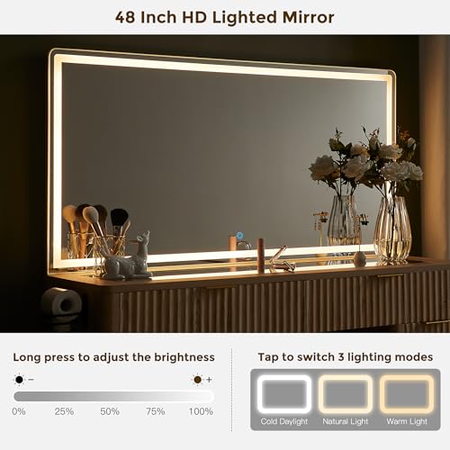 T4TREAM 48" Fluted Makeup Vanity Desk with Large Led Lighted Mirror, Modern Vanity Table with 8 Drawers & Charging Station, Glass Top Dressing Table for Bedroom, Natural Oak - Thumbnail 3