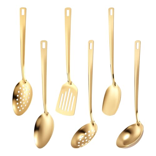 6 Pcs Cooking Utensils Set, Stainless Steel Kitchen Utensil Set with Hanging Hole, Heat Resistant Metal Kitchen Tools, Essentials Gadgets Accessories Dishwasher Safe (Gold)