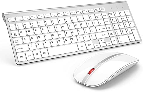 Wireless Keyboard and Mouse Combo, Gamcatz Ultra Thin Full Size Keyboard with Number Pad and Rechargeable Slient Click Mouse for Mac iMac MacBook Air PC Laptop Tablet Computer Windows-Silver White