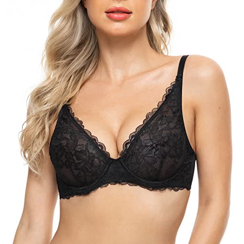 Deyllo Women's Lace Bra Unlined Underwire Bra Sexy Mesh Sheer Plunge Low Cut Bralettes (Black,36D)