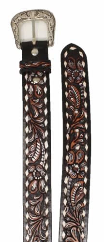 CHALLENGER 27-28 Western 1 1/2" Wide Rodeo Floral Tooled Buckstitch Brown Leather Belt 26FK084