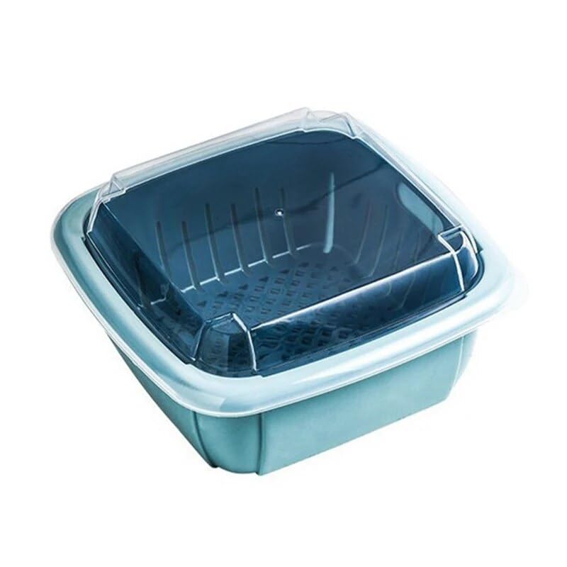 1PC 3 In 1 Double Layer Drain Basket Box with Lid Multifunction Refrigerator Crisper Storage Container Vegetable Organizer (Light blue)