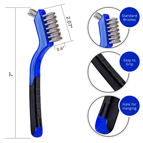 Lavaxon Wire Brush Set 3Pcs - Nylon/Brass/Stainless Steel Bristles with Curved Handle Grip for Rust, Dirt & Paint Scrubbing with Deep Cleaning – 7 Inches (Blue) by Lavaxon - Image 2
