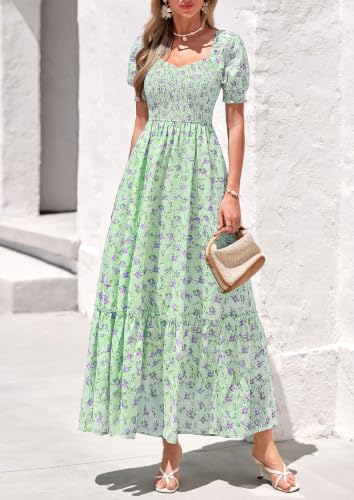Image of PRETTYGARDEN Women's Summer Floral Boho Eyelet Flowy Maxi Dresses | Embroidered,Hollow Out,Sweetheart Neck,Lantern Short Sleeve,Smocked Pockets,Fit and Flare,Swing Long,Beach Vacation Clothes