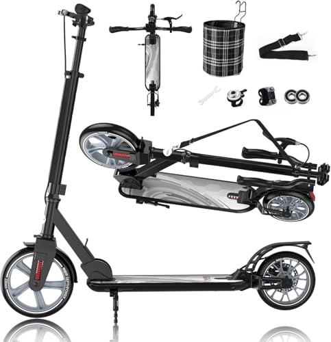 GHBXJX Tretroller Erwachsene bis 150 kg – Klapproller mit 230 mm Rädern & ABEC-9, höhenverstellbarer Cityroller großräderig mit Scheibenbremse & Stoßdämpfer, Scooter ab 8 Jahren, Jugendliche,Schwarz