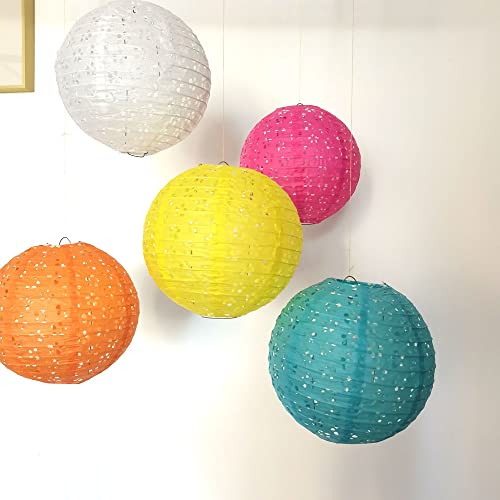 12 Pieces Chinese Paper Lanterns Multicolor Hanging Hollow Out Lanterns 8 Inch Asia Japanese Lantern Lamps For Home Outdoor Classroom Decorations (Round With Led-Colorful) #TOP5