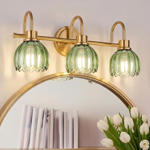 Audickic 3-Light Gold Bathroom Light Fixtures with Green Tulip Glass Shade