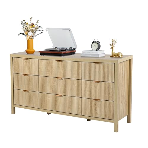 affeivul 9 Drawer Dresser Cabinet, Long Nightstand with Drawers and Storage Cabinet, Boho Solid Wood Dresser TV Stand, Mid Century Modern Nightstand with 9 Drawer Dresser for Bedroom Closet (Natural)