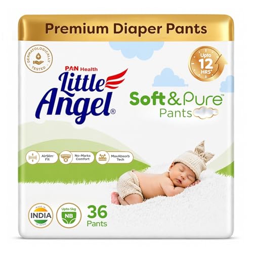 Image of Little Angel Soft & Pure Premium Baby Diaper Pants | New Born (NB /XS) - 36 Count (0-5 Kgs) | With BreathableAir Layers for Rash-Free Comfort, Lightweight AirSlim Fit, No-Marks Soft Waistband, MaxAbsorb Dry Protection & Calendula Extracts for Baby's Soft Delicate Skin