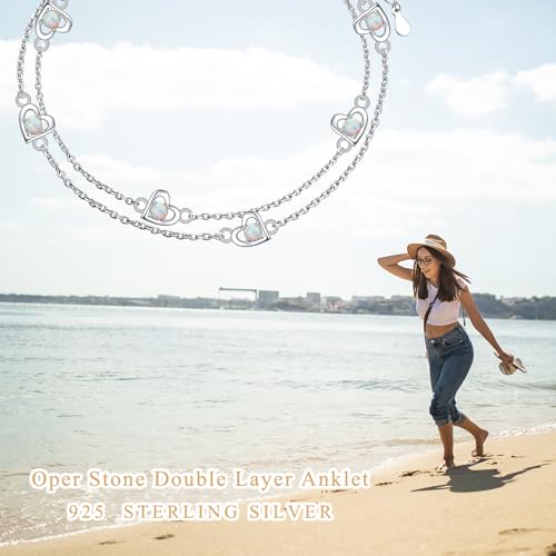 Image of Flyow Anklet for Women S925 Sterling Silver Adjustable Foot Beaded Heart Charm Ankle Bracelet Anklets Jewelry