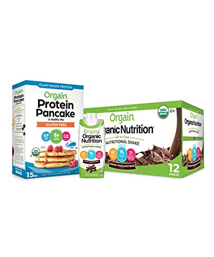 Orgain Bundle - Protein Pancake & Waffle Mix, Gluten Free and Chocolate Organic Nutritional Meal Replacement Shakes (12 Pack - Ready to Drink)
