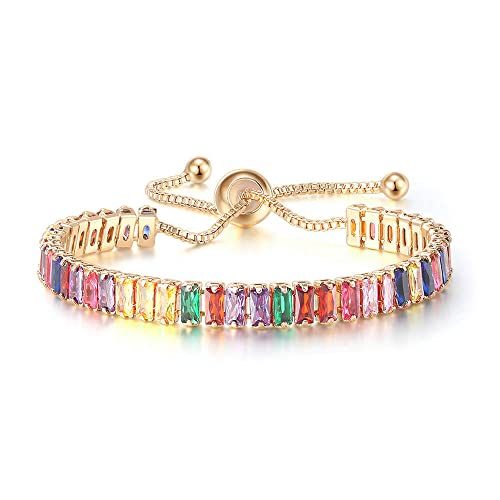 Cinily Adjustable Tennis Bracelets For Women Teen Girls Rainbow Cubic Zirconia Bracelet 14K Gold Plated Hypoallergenic Slider Bracelet Jewelry Gift #TOP13