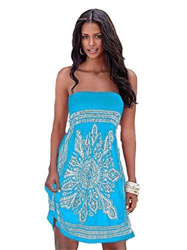 JIER Damen Schulterfrei Sommer Bandeau Strandkleid Flora Muster Bunt Boho Stil Casual Mini Strandkleider Neckholder Cover Ups Kleid ärmelloses Strand...