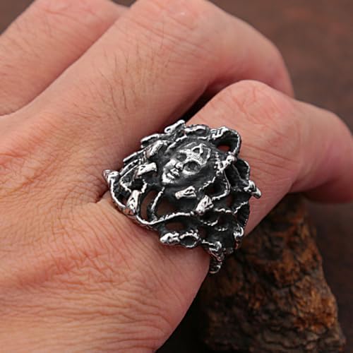 Bague Homme Méduse Mythologie Grecque En Acier Inoxydable - Couleur Argent Noir, Largeur Variable - Style Vintage Et Fantaisie
