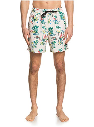 Quiksilver Men's Printed Volley 17 Inch Outseam Elastic Waist Swim Trunk, Antique White Vacation, M