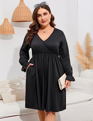 Image of ShopWonder Plus Size Dress Women's V Neck A-Line Knee Length Wrap Swing Dresses Plus Size A Line Party Mini Dress