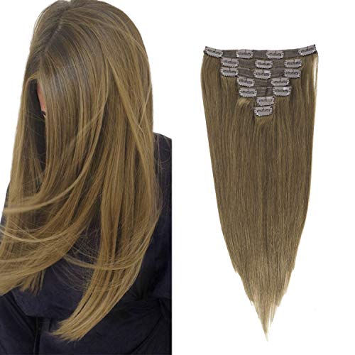 Clip in Hair Extensions Ash Brown #8 Straight Remy Hair Clip Ins For Women 7 Pieces 120G Silky Straight Double Weft Remy Hair Extensions Clip on 20 Inch