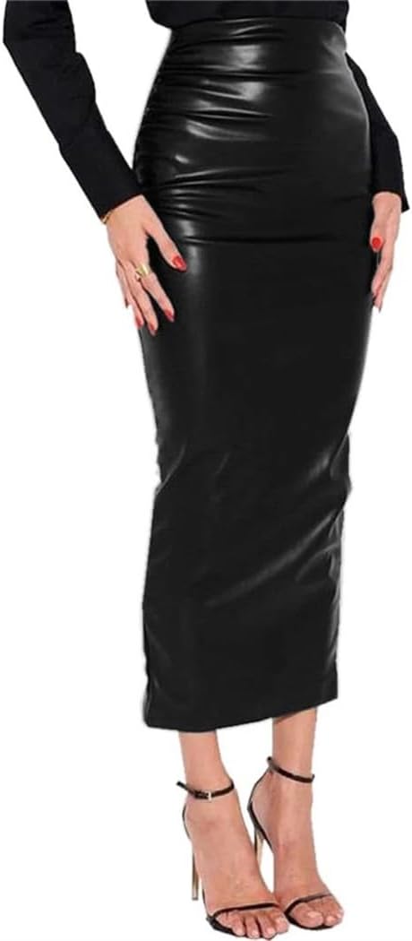 Women PU Leather Midi Skirt High Waist Slim Fit Pencil Skirt Matte Office Lady Fashion Outfit