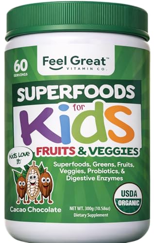 Feel Great USDA Organic Super Greens Powder for Kids - Cocao Chocolate | Fruit & Veggie Supplement | Superfood Powder with Probiotics & Digestive Enzymes for Digestive Health | 60 Days Supply