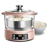 COOK WITH COLOR 3L Glass Low Carb Rice Cooker - Makes 6 Cups Cooked Low Sugar Rice with Auto Lift Filter Basket, Hotpot & Steamer for Rice, Grains and Oats, Digital Panel with Keep Warm, Blush